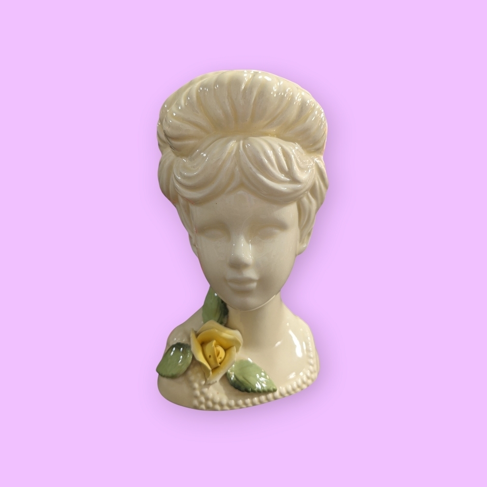 Vintage Ceramic Lady Bust/Head with Yellow Rose